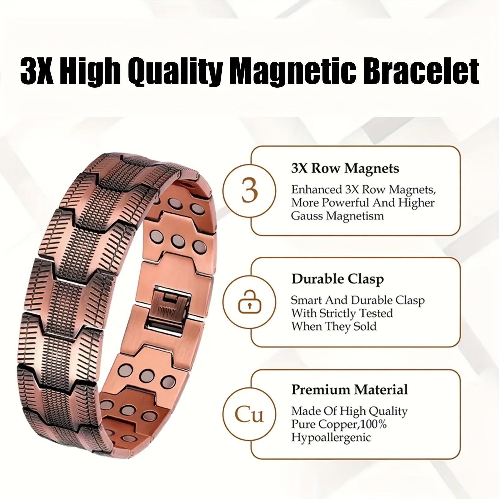 1pc 3X Strength Copper Bracelets For Men, Pure Copper Magnetic Bracelet With 3 Row Neodymium Magnets Adjustable Length Bracelet Arthritis Pa