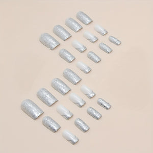 24pcs Glossy White Sequin Press On Nails with Full Coverage and Glitter - Perfect for Women and Girls