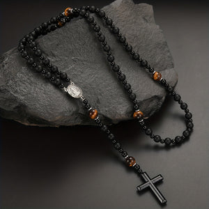 1pc Natural Volcanic Rock Black Agate Yellow Tiger Eye Tag Cross Pendant Rosary Necklace Jewelry For Men And Women