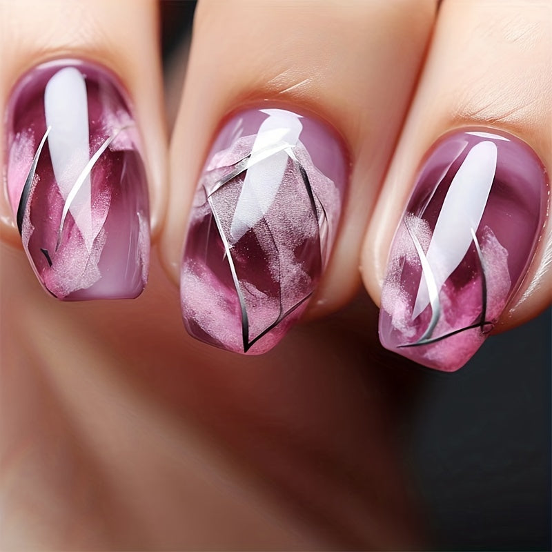 24pcs Glossy Short Ballet Fake Nails, Gradient Purple Press On Nails With Silvery Stripe Design, Smudged Marble False Nails For Women Girls