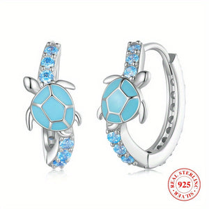 Sterling 925 Silver Jewelry Cute Turtle Design Blue Hoop Earrings With Shiny Zircon Decor Creative Female Gift