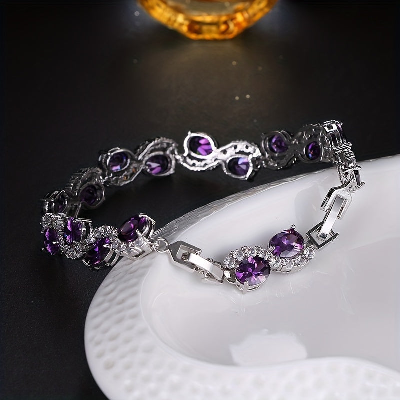 Elegant Luxury Purple Oval Link Copper Zircon Silver Plated Bracelet Hand Accessories Birthday Anniversary Gift