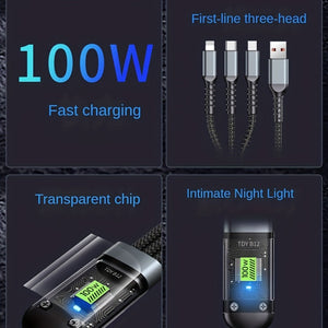 PD100W Ultra-fast Charging Line Digital Multi-function Three-in-one Charging Power Supply USB-C Line Compatible With Samsung Galaxy/ Xiaomi