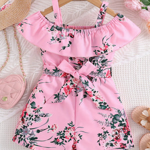 Girls Casual Ruffled Off-Shoulder Dress Flower Graphic Jumpsuit For Summer Girls Clothes