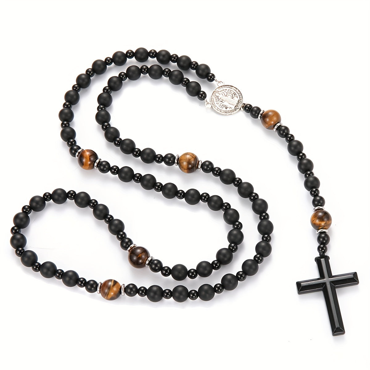 1pc Natural Volcanic Rock Black Agate Yellow Tiger Eye Tag Cross Pendant Rosary Necklace Jewelry For Men And Women