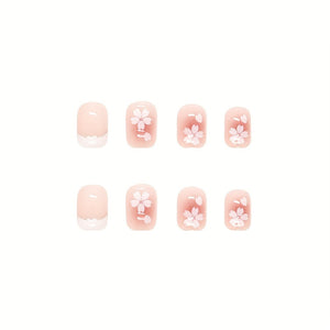 24 pcs Holographic Square Full Cover Press On Nails - White Flower Nude Petite French Tips - DIY Manicure for Women - Glossy Coffin False Na