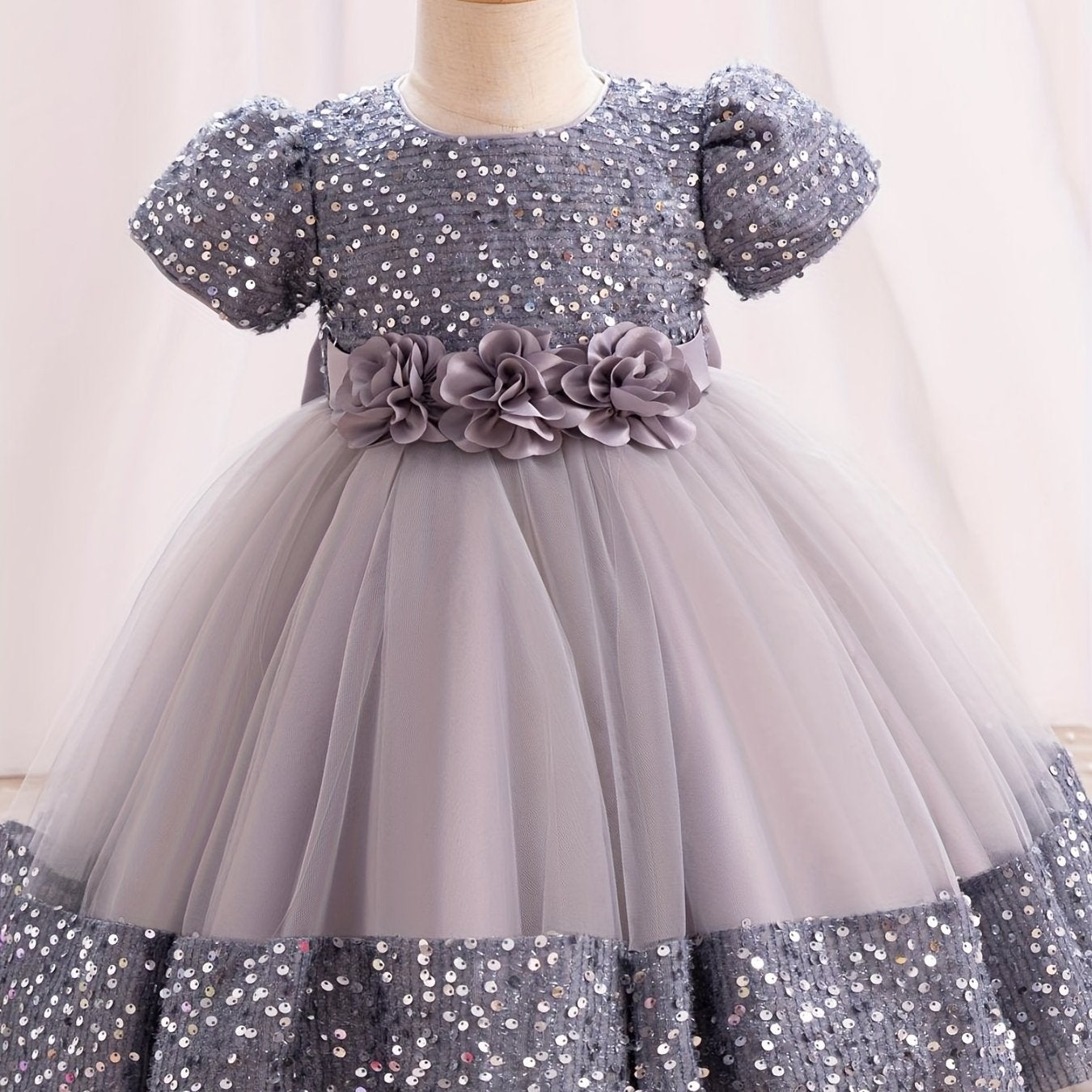 Sparkling Sequin Princess Tutu Dress for Girls - Midi, Belted, Puff-Sleeve with Comfort Viscose Lining, Perfect for Spring-to-Fall