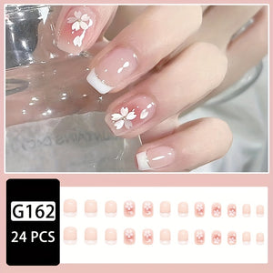 24 pcs Holographic Square Full Cover Press On Nails - White Flower Nude Petite French Tips - DIY Manicure for Women - Glossy Coffin False Na