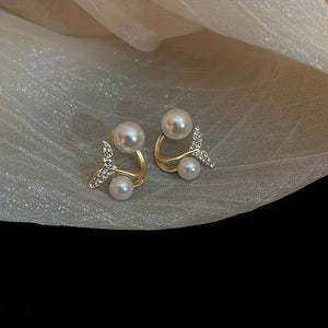 Pearl Mermaid Tail Stud Earrings, Alloy Rhinestone Decor Minimal Japanese And Korean Elegant Style Women's Earrings Jewelry