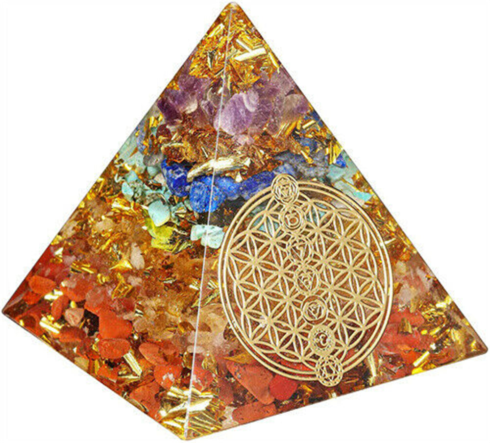 Flower of Life Orgone Pyramid 7 Chakra Healing Crystals Gemstone Balancing Energy Generator for Reiki, Yoga Meditatio, Home Deco