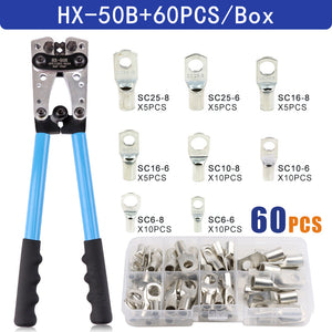 1 Set Battery Cable Copper Lug Crimping Tool, HX-50B 10-1 AWG With 60Pcs Copper Ring Terminals, 8 Sizes Cable Lugs Set