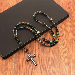 1pc Retro Natural Stone Turquoise Tiger Eye Black Hematite Cross Pendant, Men's Original Stone Prayer Beads Rosary Necklace