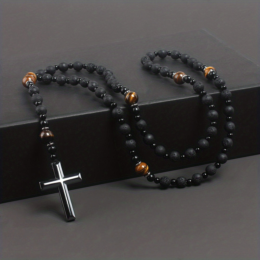 1pc Bright Black Natural Stone Yellow Tiger Eye Round Bead Black Gallstone Cross Rosary Necklace, Rough Stone Gift Necklace For Men, Daily C