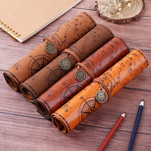 Creative Treasure Map Retro Pencil Case Leather Large Capacity Roll Pencil Bag Embossed Buckle Simple Stationery Box Roll Portable Pencil Dr