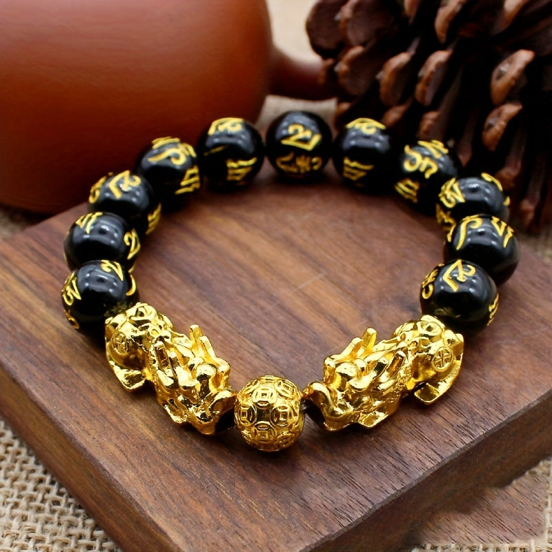 1pc Black Obsidian Transit Buddha Bead Bracelet, Fashion Wealth Bracelet