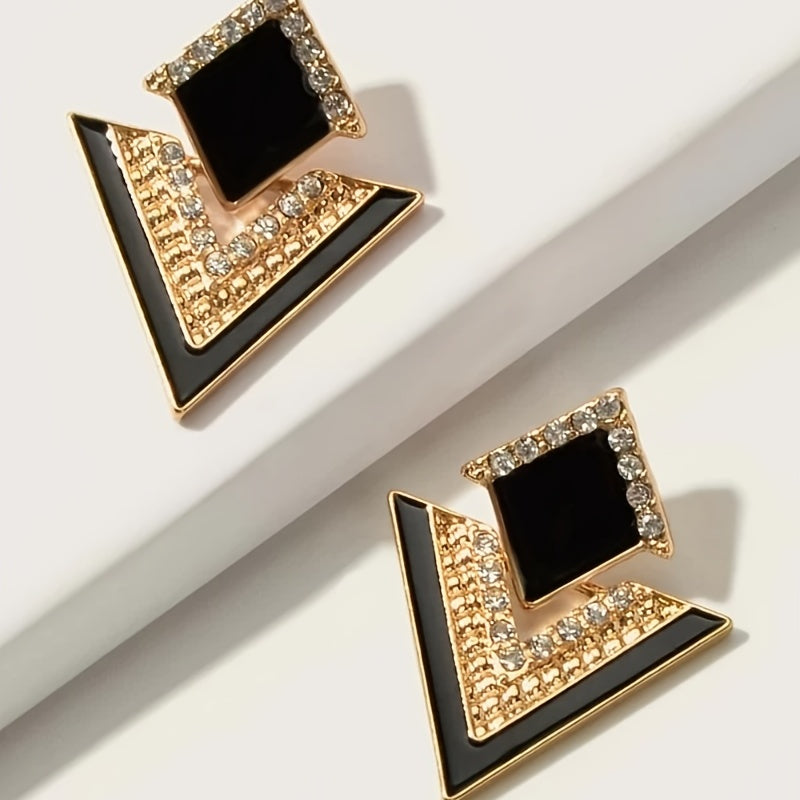 Geometric Black Rhinestones Drop Dangle Earrings 18K Gold Plated Jewelry For Women Decor