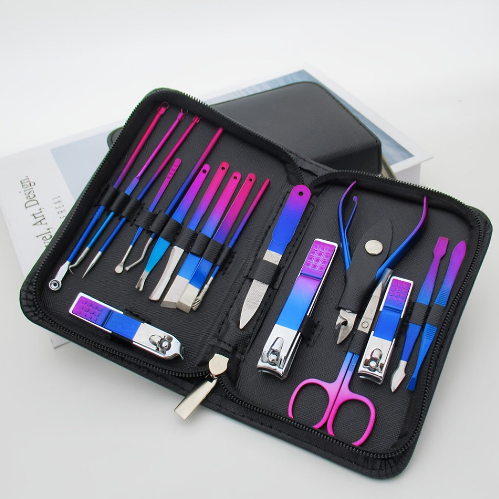 Manicure Set, Stainless Steel Gradient Professional Pedicure Kit Nail Scissors Grooming Kit With Travel Case