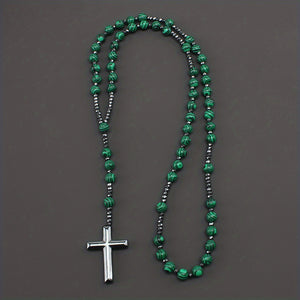 1pc Fashion Retro Style Jewelry, Natural Stone Round Beads Malachite Hematite Cross Religious Rosary Beads Men's Long Necklace, For Daily We