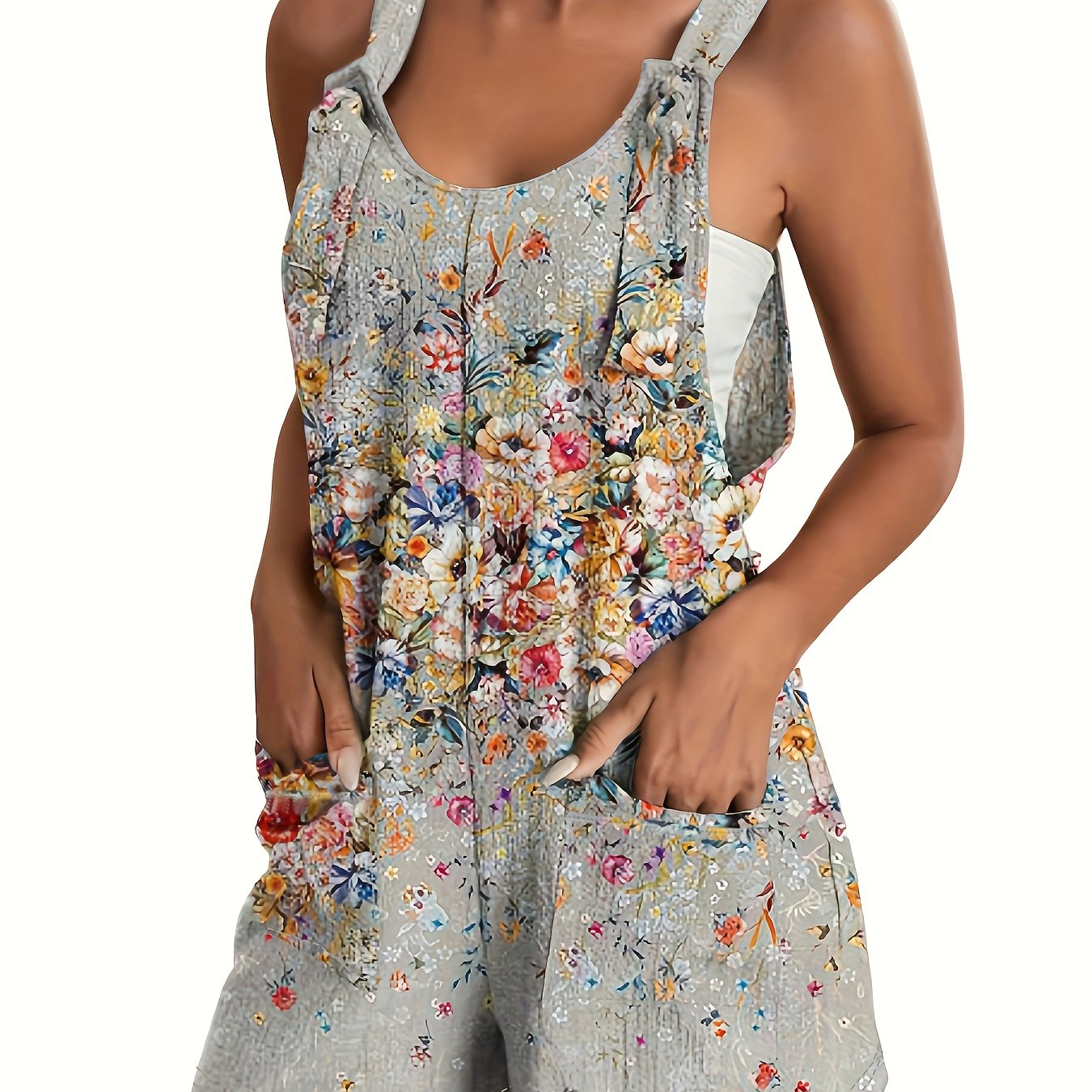 Floral Print Sleeveless Romper with Front Pocket - Casual Everyday Women's Outfit