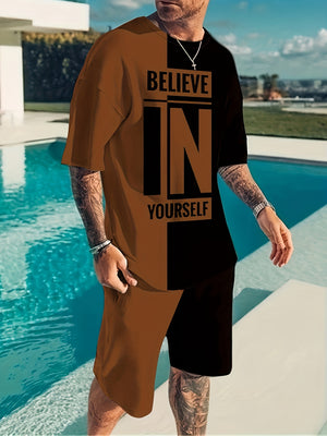 "Men's Summer 2Pcs Casual Outfit ""Believe In Yourself"" Motivational Tee and Adjustable Drawstring Shorts - Breathable, Stylish & Versatile