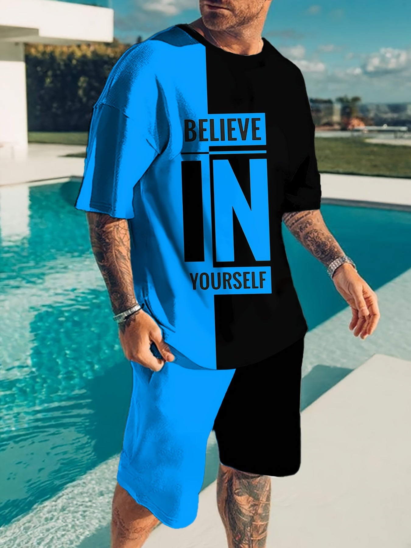 "Men's Summer 2Pcs Casual Outfit ""Believe In Yourself"" Motivational Tee and Adjustable Drawstring Shorts - Breathable, Stylish & Versatile