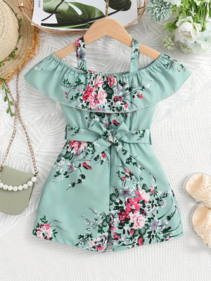 Girls Casual Ruffled Off-Shoulder Dress Flower Graphic Jumpsuit For Summer Girls Clothes