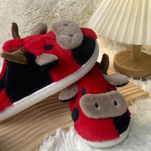 Women's Cartoon Cute Cow House Slippers, Warm Plush Lined Home Slippers, Women's Cozy Indoor Shoes