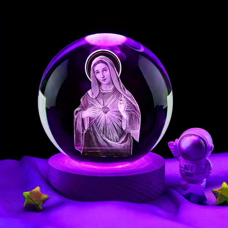 1pc 3D Crystal Ball Colorful Light Base, Laser Engraving Religious Night Light, Gift For Women, Friends, For Home Decoration