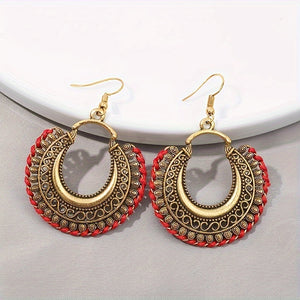 Vintage Round Shape Carved Pattern Dangle Earrings Retro Bohemian Style Alloy Jewelry Delicate Female Gift