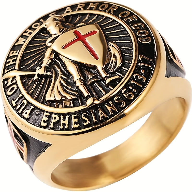 1pc Men's Stainless Steel Ring Retro Hip-hop Domineering Knight Shield Ring Knight Temple Knight Protection Ring