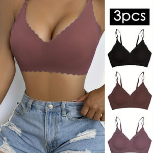 3-Piece Chic Wavy Trim Bralettes - Seamless & Breathable for Daily Comfort | Wireless Intimates Set - Everyday Elegance