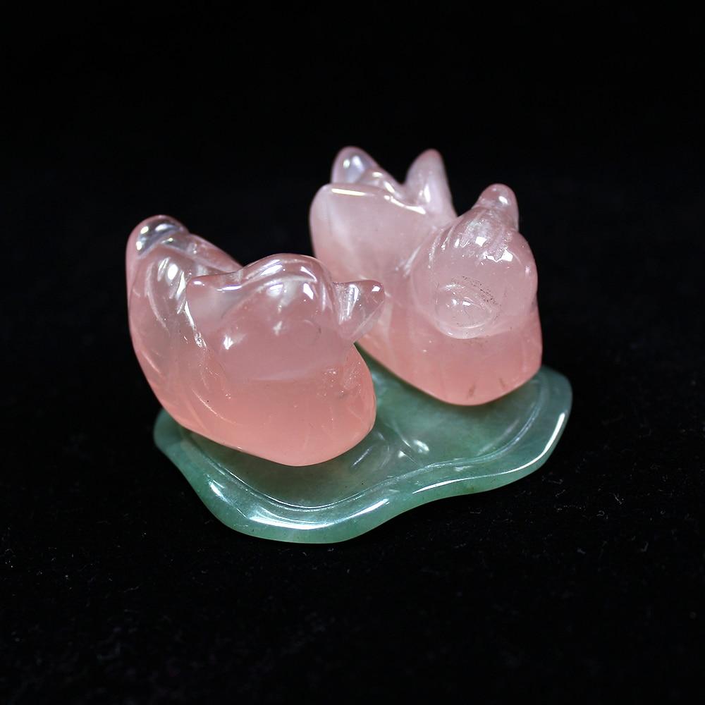 Rose quartz mandarin duck Natural stone carved Lover symbolize Figurine Green aventurine stand Chakra Reki Decoration