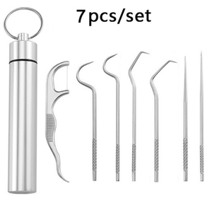 7-Piece Professional Dental Cleaning Kit: Reusable Stainless Steel Toothpicks & Portable Floss For Optimal Teeth Cleaning