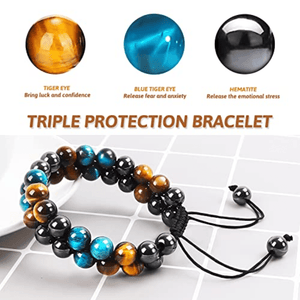 Triple Protection Bracelet, MIDON Crystal Bracelet For Men Tiger Eye Beads Hematite And Black Obsidian Natural Stone 8mm Healing Bracelets G