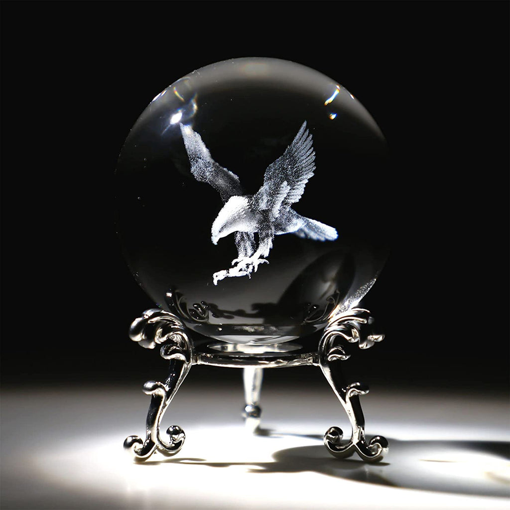 1pc, Engraved Eagle Crystal Ball Paperweight With Stand 60mm (2.4inch) 3D Laser Etched Glass Spheres Decorative Balls (Clear)