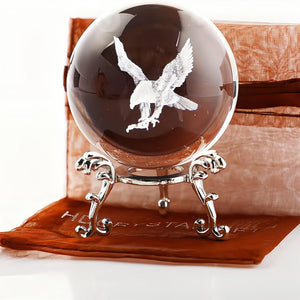 1pc, Engraved Eagle Crystal Ball Paperweight With Stand 60mm (2.4inch) 3D Laser Etched Glass Spheres Decorative Balls (Clear)