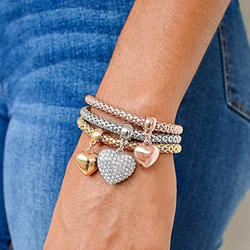 3pcs/Set, Mother's Day/Girlfriend Gift, Crystal Charms Multilayer Bracelets - 3Pcs Alloy Corn Chain Bracelet For Women, Heart Shaped Stretch