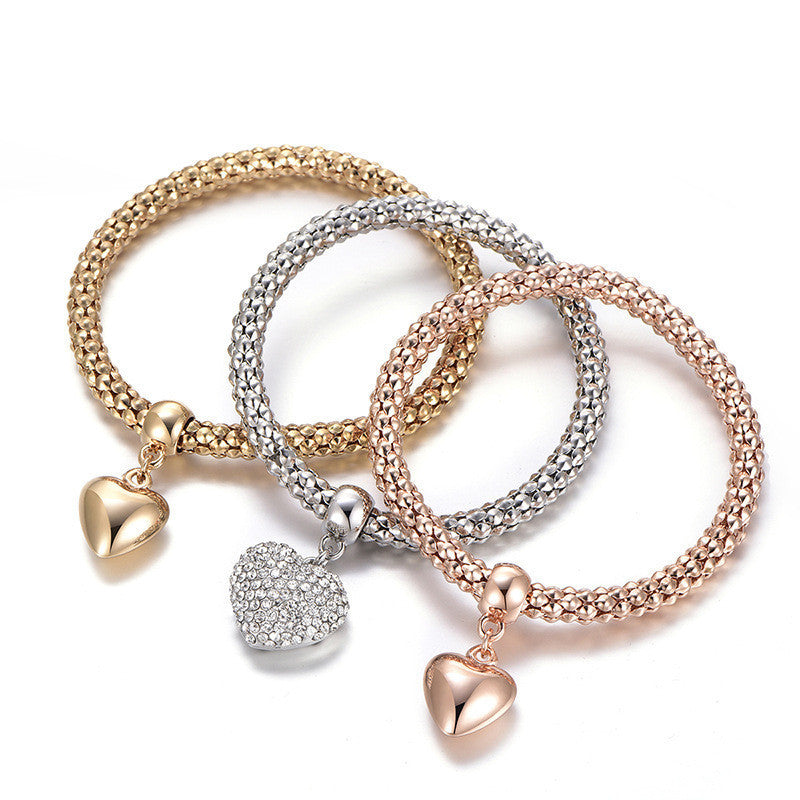 3pcs/Set, Mother's Day/Girlfriend Gift, Crystal Charms Multilayer Bracelets - 3Pcs Alloy Corn Chain Bracelet For Women, Heart Shaped Stretch