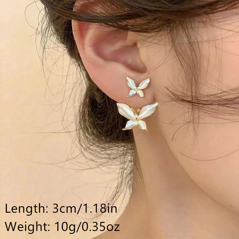 Double Exquisite Butterfly Design With White Synthetic Gems Decor Stud Earrings Elegant Bohemian Style Zinc Alloy Jewelry Female Gift