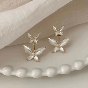 Double Exquisite Butterfly Design With White Synthetic Gems Decor Stud Earrings Elegant Bohemian Style Zinc Alloy Jewelry Female Gift