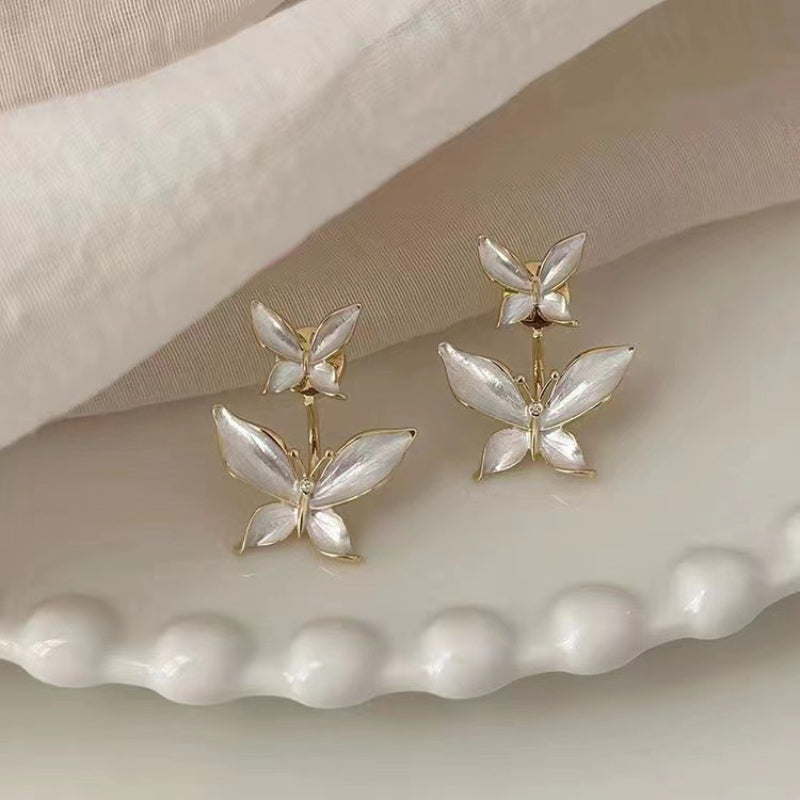 Double Exquisite Butterfly Design With White Synthetic Gems Decor Stud Earrings Elegant Bohemian Style Zinc Alloy Jewelry Female Gift