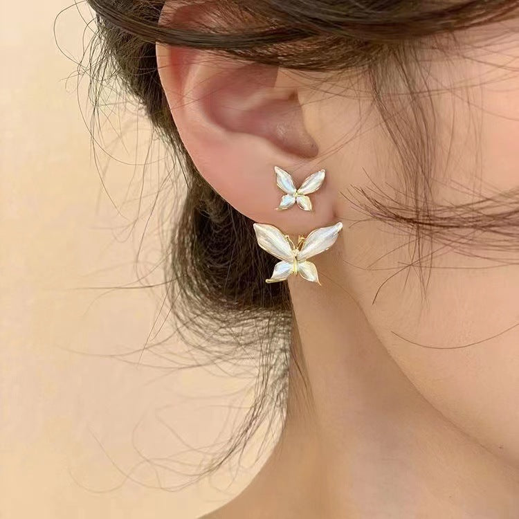 Double Exquisite Butterfly Design With White Synthetic Gems Decor Stud Earrings Elegant Bohemian Style Zinc Alloy Jewelry Female Gift