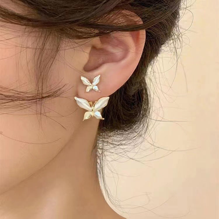 Double Exquisite Butterfly Design With White Synthetic Gems Decor Stud Earrings Elegant Bohemian Style Zinc Alloy Jewelry Female Gift