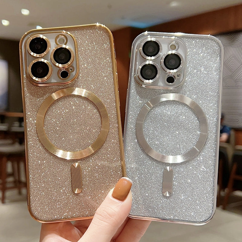 Luxurious Electroplated Wireless Charging Case for iPhone 14/13/12/11 Pro Max Plus - Glitter Soft Bumper Cover