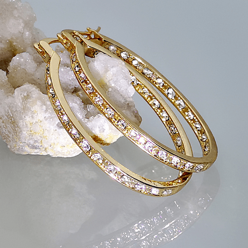 14K Gold Plated Hoop Earrings Stylish Shiny Zircon Inlaid Large Round Huggie Earrings Elegant Jewelry Accessories For Women