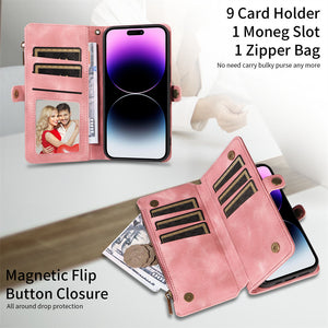 For IPhone 14/13/12/11 Pro Max Phone Case, Blocking Wallet Case For Women Men With 9 Credit Card Holder Zipper PU Faux Leather Protective