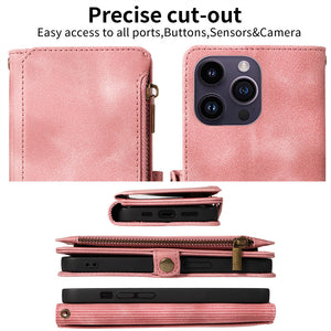 For IPhone 14/13/12/11 Pro Max Phone Case, Blocking Wallet Case For Women Men With 9 Credit Card Holder Zipper PU Faux Leather Protective