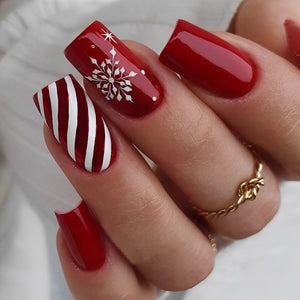 24pcs Glossy Medium Square Fake Nails, Christmas Press On Nails With Red White Stripe And Snowflake Design, Full Coverage False Nails For Wo