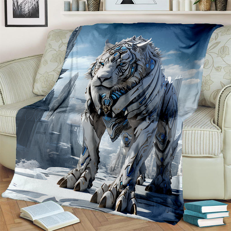 1pc Cozy Snow Mechanical Tiger Print  Blanket - Lightweight Flannel Throw For Sofa, Bed, Travel, Camping, Livingroom, Office, Couch, Chair,