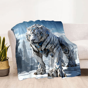 1pc Cozy Snow Mechanical Tiger Print  Blanket - Lightweight Flannel Throw For Sofa, Bed, Travel, Camping, Livingroom, Office, Couch, Chair,